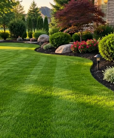 Healthy green lawn bordered by maintained planting beds