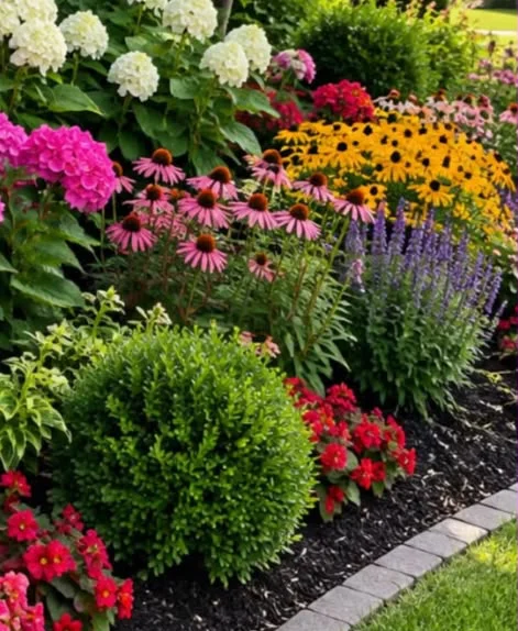 Colorful flowers, shrubs and fresh mulch in a maintained garden bed